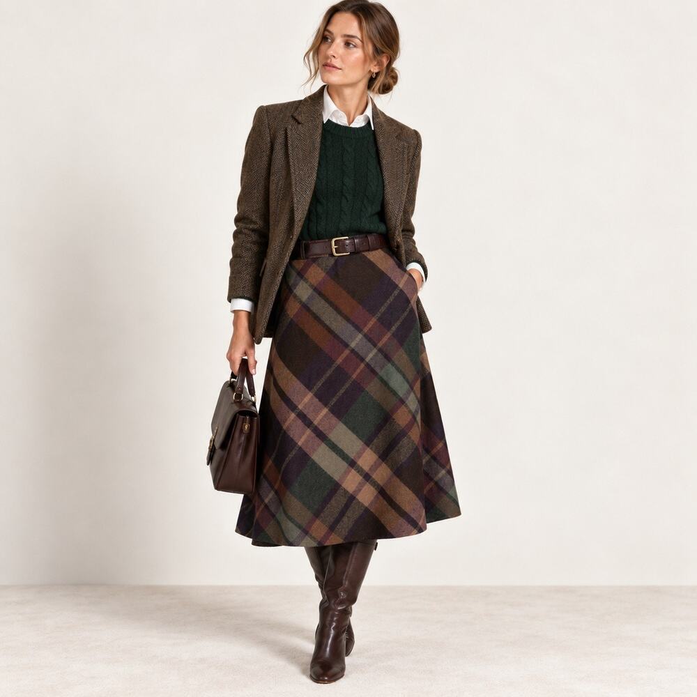 Vintage 70s Wool Plaid Midi Skirt XL Dark Academia A-Line Brown